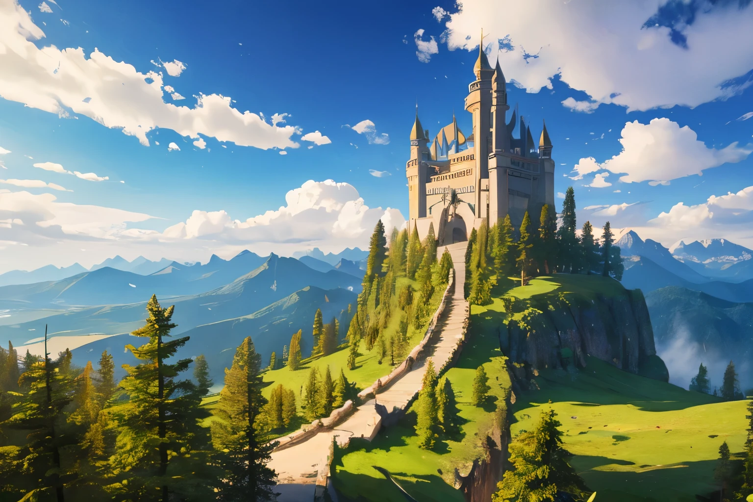 wide shot, massive distant kingdom, mountains, pine forests, huge sky, distant castles, distant waterfall, lone medieval bridge, distant towers, masterpiece, 4k, from below,
