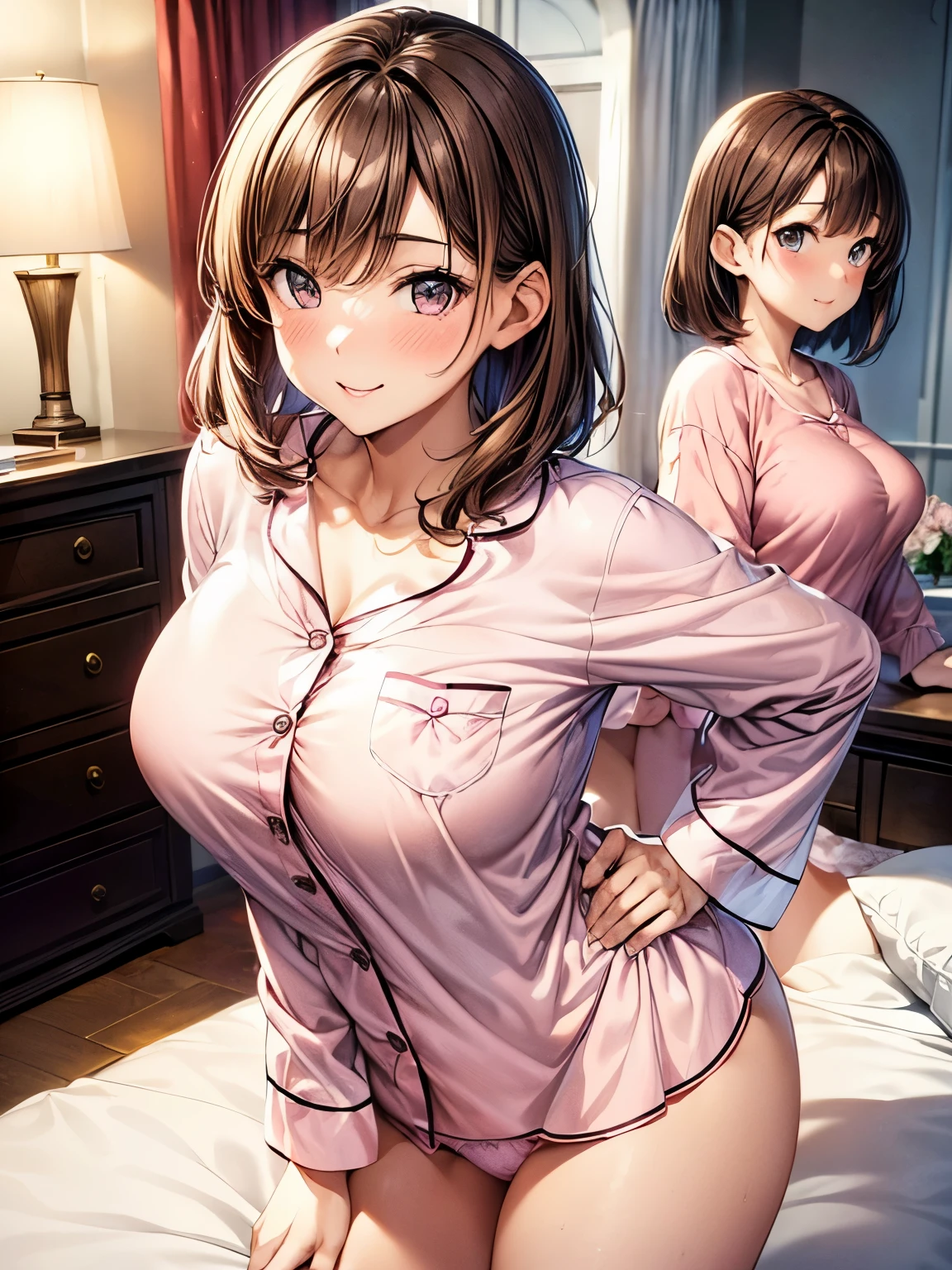 highest quality、complete limbs、Beautiful woman、solo、((brown haired woman:1.4))、short hair woman、big breasted woman:1.3、embarrassed face、((A woman wearing pink pajamas))、(((Woman in pink panties)))、sexy pose、Bedroom、smile、woman with hands on hips