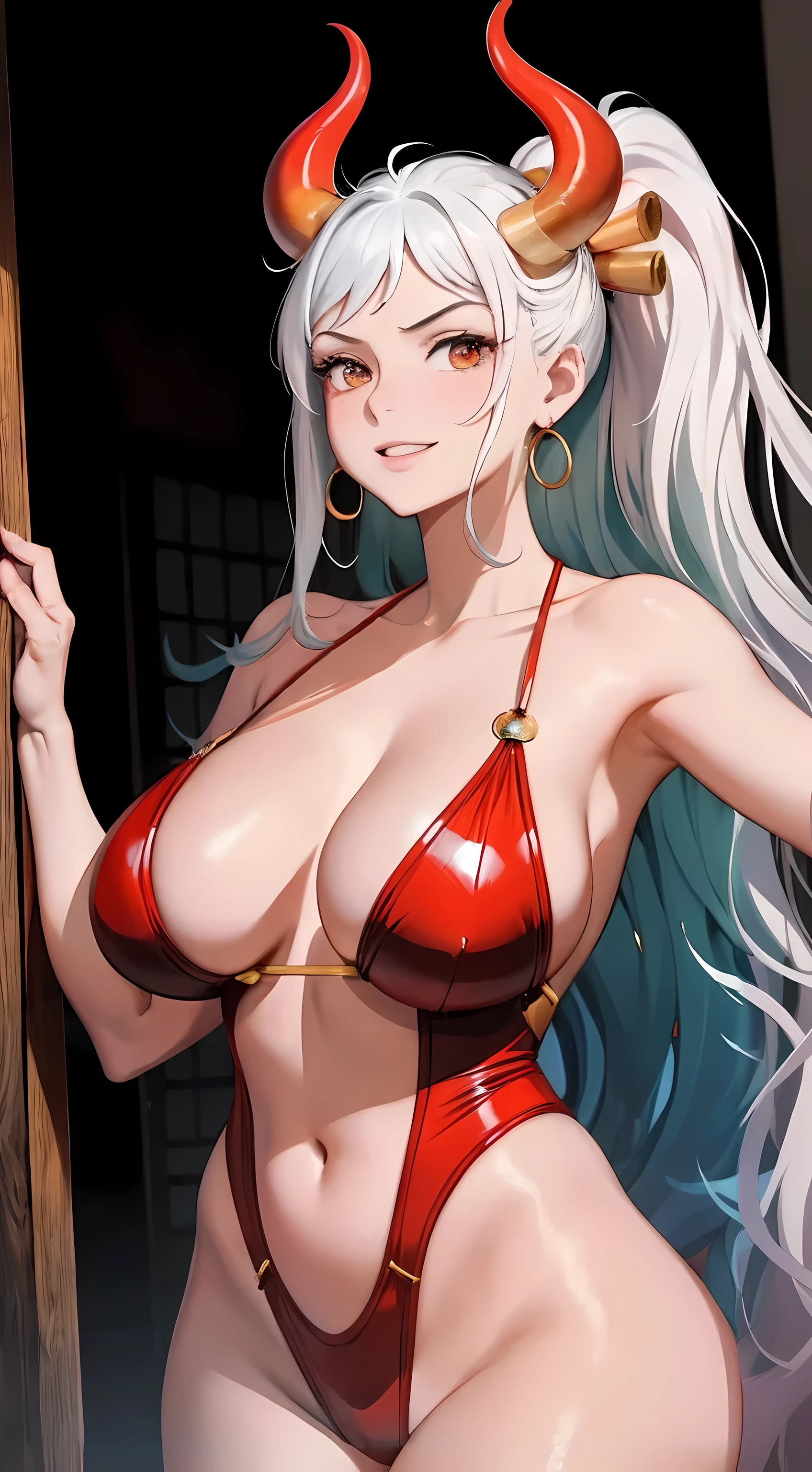 anime girl in red bikini with horns and horns on her head, seductive anime girl, tifa lockhart with white hair, oppai, extremely detailed artgerm, beautiful alluring anime woman, white haired deity, perfect white haired girl, biomechanical oppai, pixiv 3dcg, detailed digital anime art, edelgard fire emblem, oppai proportions