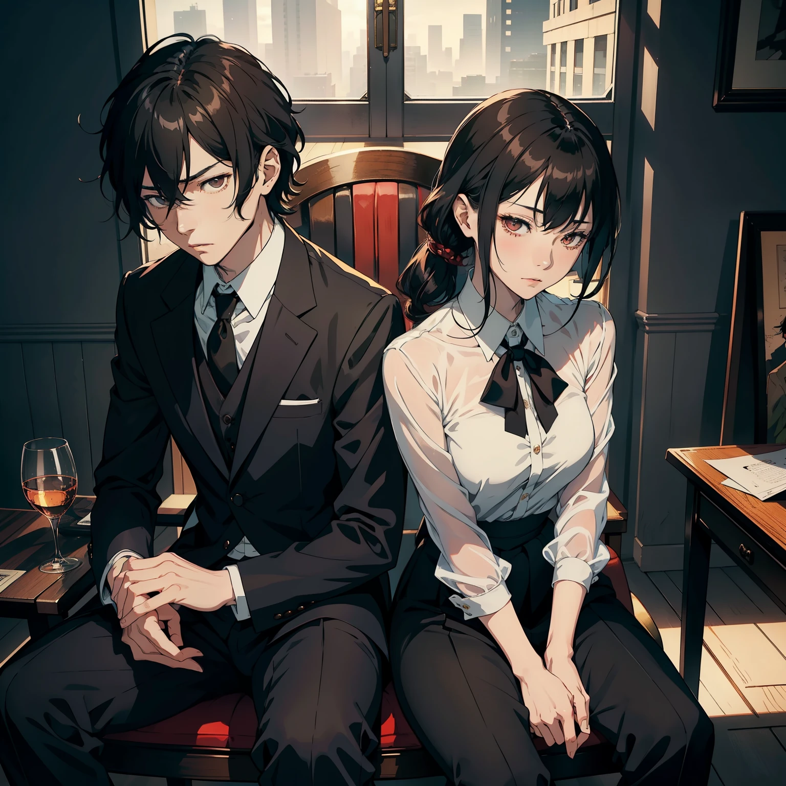 Top-quality masterpiece showcasing the captivating characters Chūya Nakahara and Osamu Dazai, known for their enigmatic personalities in the beloved Bungo Stray Dogs anime. This visually stunning artwork captures the essence of the male and female duo, portraying Chūya Nakahara sitting on an elegant chair, donning a sleek and fitted skirt over a stylish blouse. Meanwhile, Osamu Dazai tenderly embraces Chūya from behind, epitomizing their deep bond. Both characters exude an air of youthful charm, adorned in meticulously crafted high school long pants uniforms with impeccably styled mash cut hairstyles. The level of detail in this image is extraordinary, with each intricate feature meticulously rendered, revealing their beautifully expressive eyes and flawless