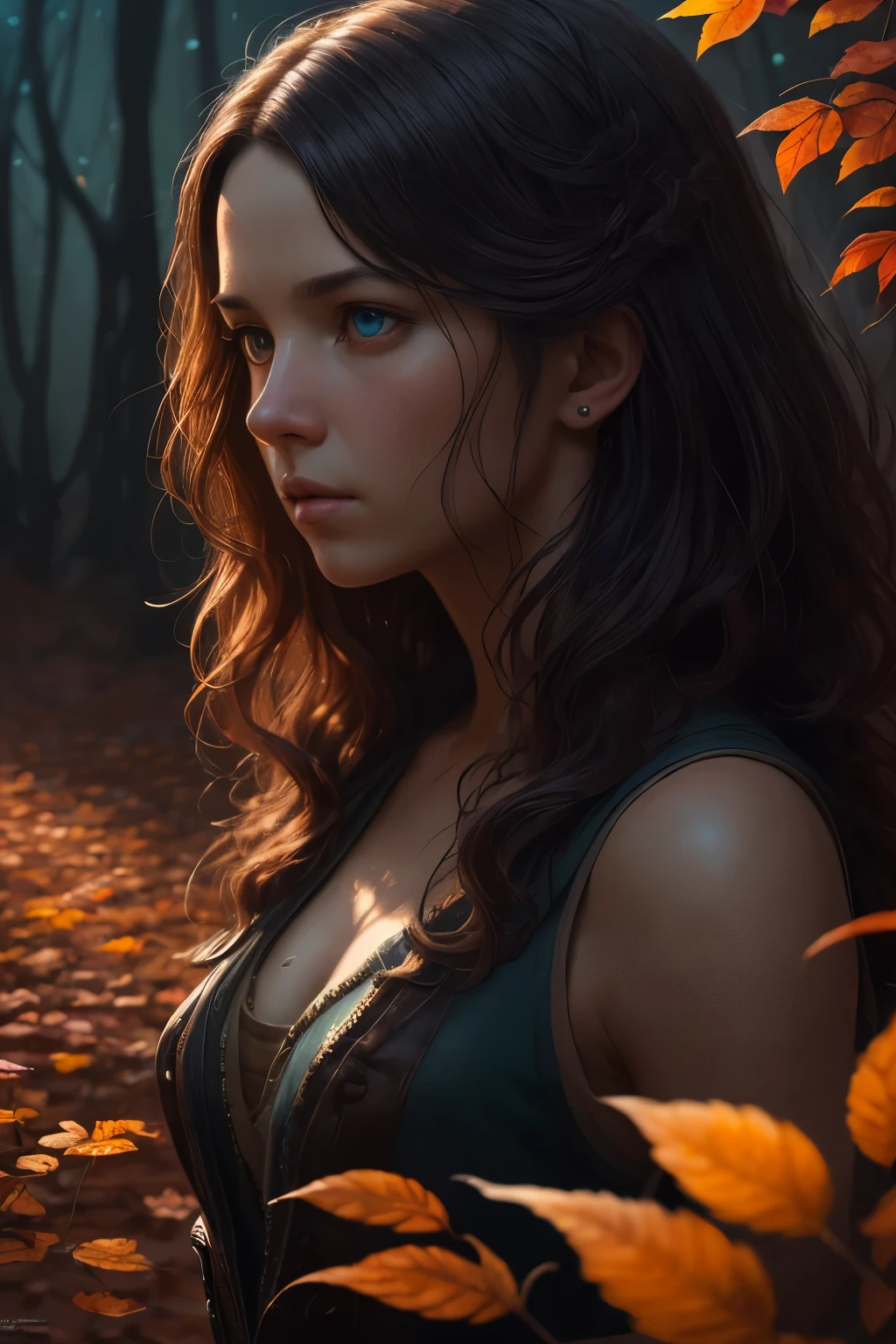 best quality, 8k, highres, realistic, detailed, beautiful angle view of Species woman individual from another planet with multicolored hair, beautiful colorful eyes, run in autumn garden, breeze at dawn, alcohol ink painting, psychedelic art by Ross Tran, Antonio J. Manzanedo, Tom Bagshaw, mandy disher, cinematic, 32k, stills from Steven Spielberg epic film, clear focus, hyperrealistic repin artstation painting, detailed character design concept art, matte painting
