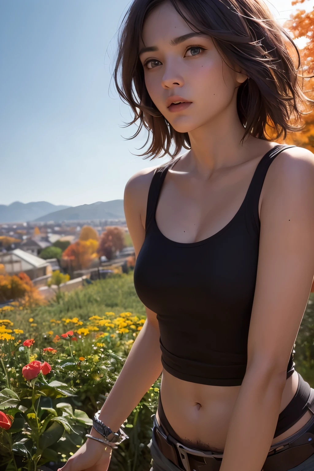 best quality, 8k, highres, realistic, detailed, beautiful angle view of Species woman individual from another planet with multicolored hair, beautiful colorful eyes, run in autumn garden, breeze at dawn, alcohol ink painting, psychedelic art by Ross Tran, Antonio J. Manzanedo, Tom Bagshaw, mandy disher, cinematic, 32k, stills from Steven Spielberg epic film, clear focus, hyperrealistic repin artstation painting, detailed character design concept art, matte painting