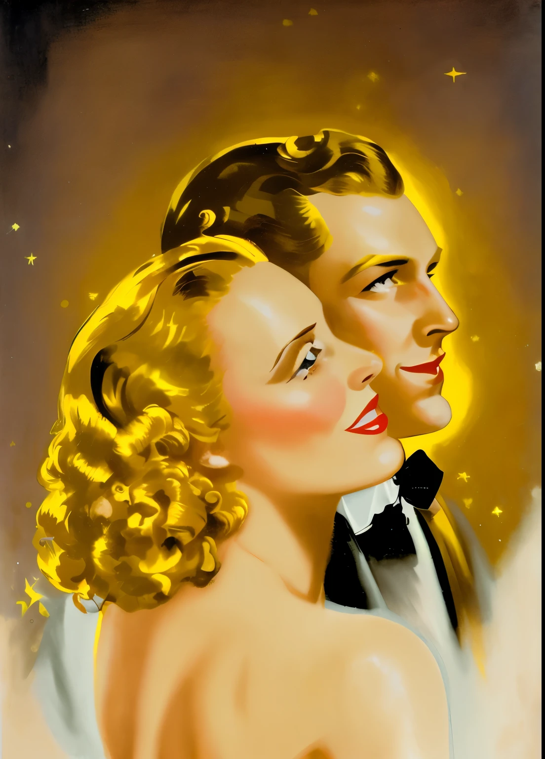arafed image of a couple in a tuxedo looking at the stars, enoch bolles, art deco portrait, golden age illustration, 1930s film, vintage magazine illustration, by Andrew Loomis, golden age illustrator, vintage pulp art, vintage movie, inspired by Rolf Armstrong, inspired by Art Frahm, art deco poster, art deco painting, EYES WITHOUT DEFORMATION, olho perfeito. Boca perfeita