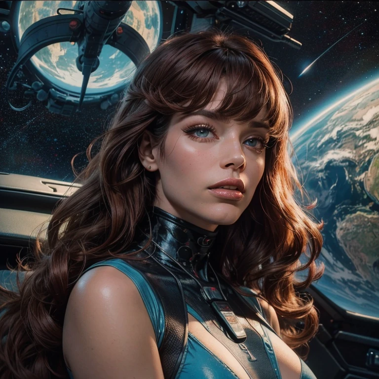 Best quality, 8K, woman space retro futurism, beautiful and detailed face, black straight long hair, bangs,big eyelashes,LOOKING TO observer,LIGHT TAN bodystocking, gold belt,sci-fi RETRO SPACESHIP scenario