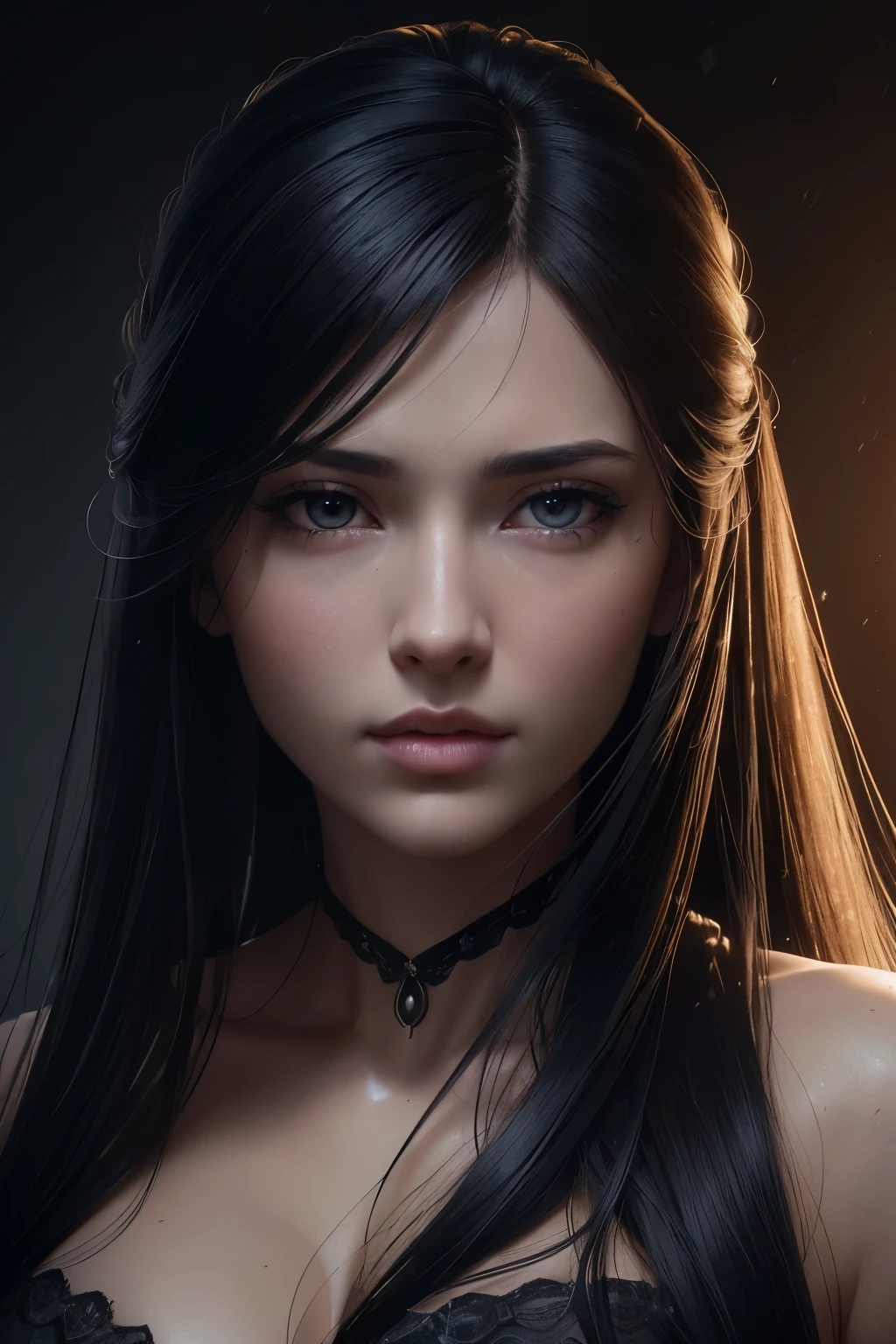 There is a woman with a captivating presence and a very long, sleek black hair cascading down her shoulders. This character portrait is inspired by the ZBrush Central Contest winner, Marek Okon, showcasing hyperrealism and cinematic realistic details. With a moody lighting setup, the image exudes an air of sophistication and depth. The 8k portrait render presents an ultra-detailed and accurate representation of her ultra-realistic face, allowing every pore, line, and texture to be discernible. The soft portrait shot, rendered in 8k, demonstrates her photorealistic, beautiful face with intricately modeled facial features, presenting an aston