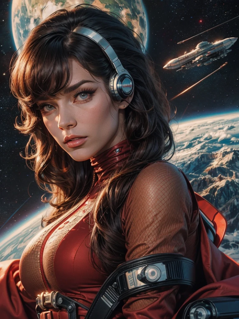 Best quality, 8K, woman space retro futurism, beautiful and detailed face, black straight long hair, bangs,big eyelashes,LOOKING TO observer,LIGHT TAN bodystocking, gold belt,sci-fi RETRO SPACESHIP scenario