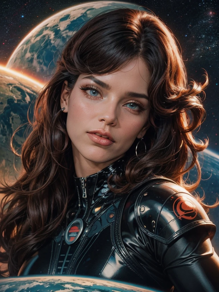 Best quality, 8K, woman space retro futurism, beautiful and detailed face, red curly long hair, bangs,big eyelashes,LOOKING TO observer,TAN bodystocking, black belt,sci-fi RETRO SPACESHIP scenario