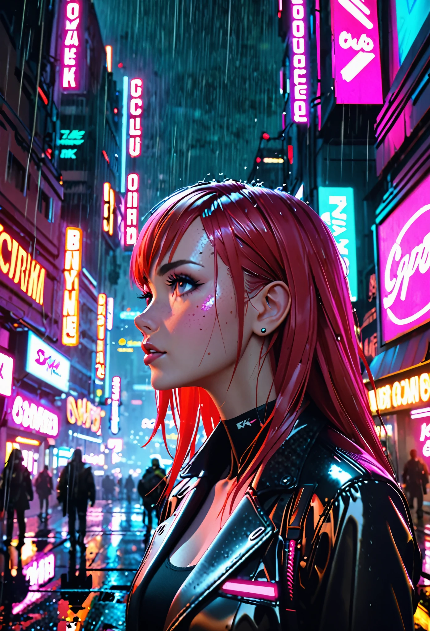 cyberpunk woman with red hair looking up, raining, wearing a black suit, neon lights, vivid lights, octane rendering, high quality, realistic, ray tracing, cyberpunk city setting, up close, 8k,