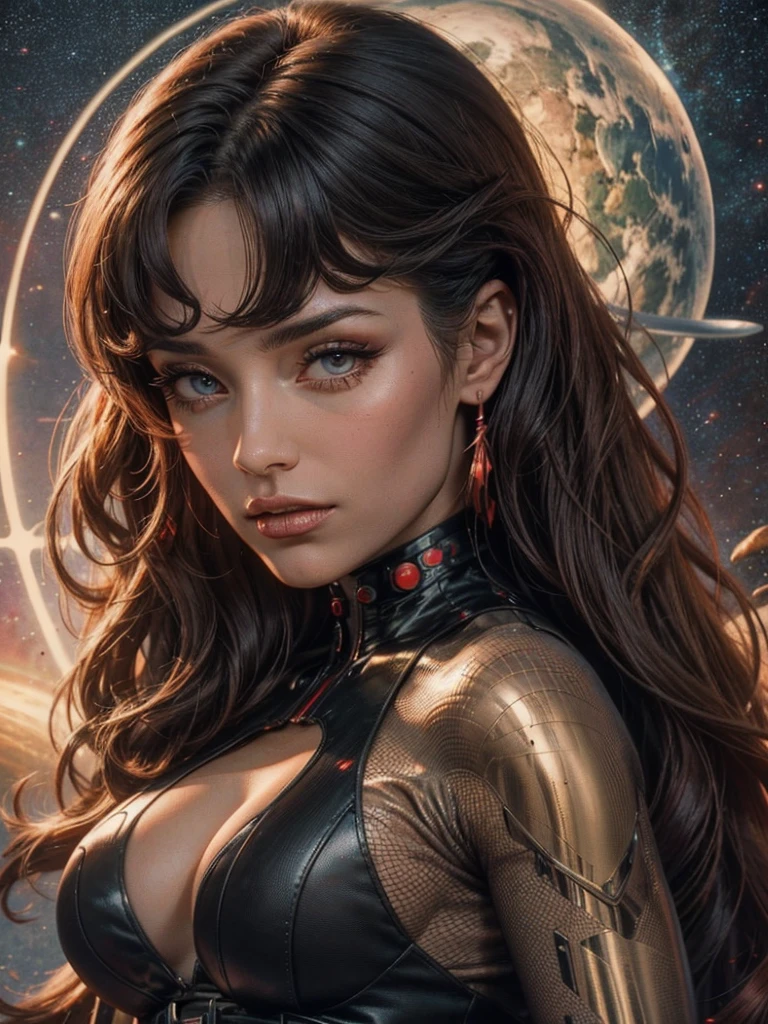 Best quality, 8K, woman space retro futurism, beautiful and detailed face, black straight long hair, bangs,big eyelashes,LOOKING TO observer,LIGHT TAN bodystocking, gold belt,sci-fi RETRO SPACESHIP scenario