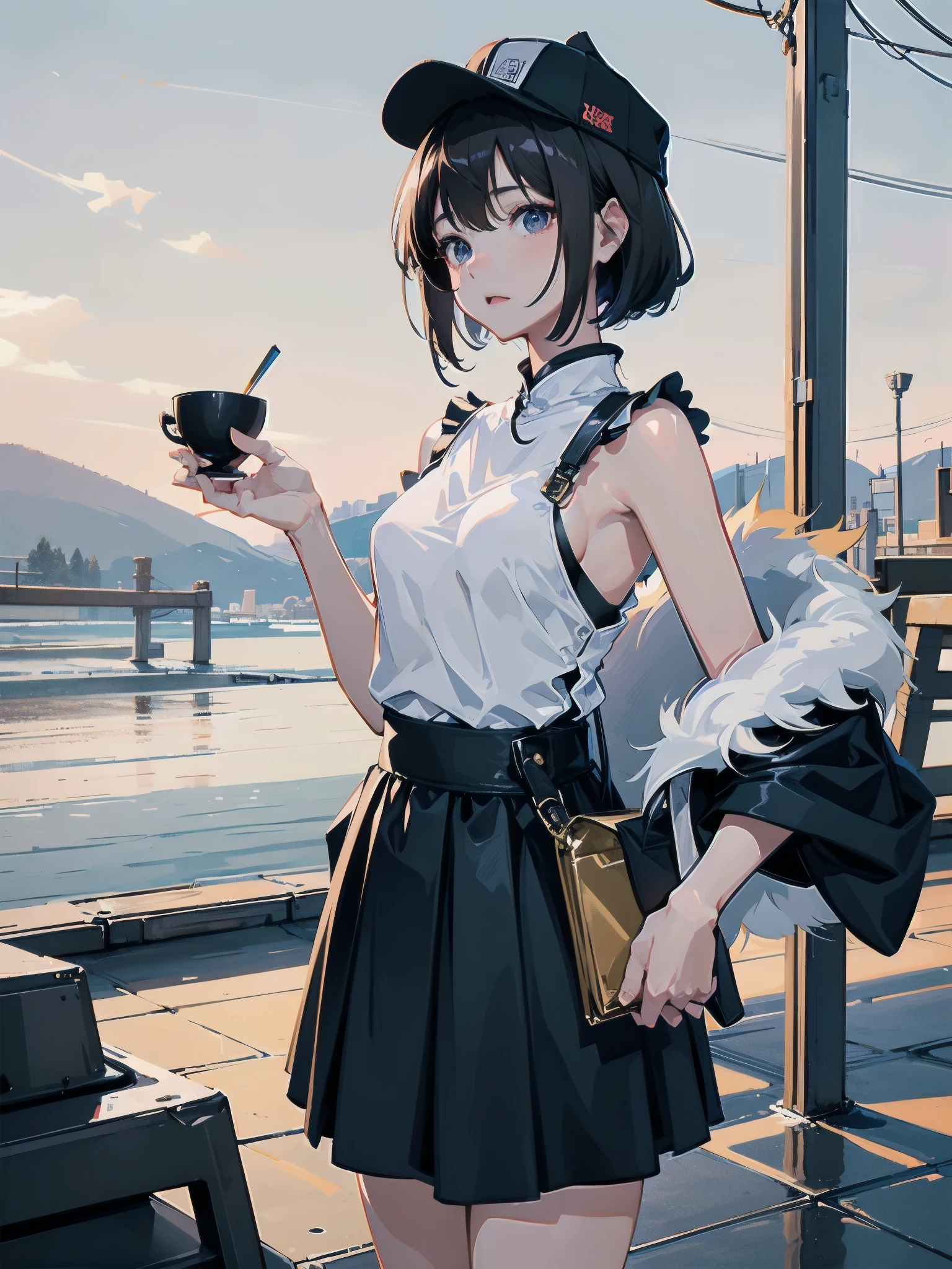 A 28-year-old Japanese woman is walking down the street.、she is wearing casual clothes、She wears a cap with a black brim and a white front.、she is wearing a long black skirt、She is wearing a peplum blouse、She's looking at us、She is a slender woman with dark brown hair and a fluffy long bob.、small breasts、slender、A cup breasts、An illustration、二次元An illustration、Japan anime、drawn by Japanese ilastrator、high resolution、4K quality、high quality、High resolution、5 million pixels、high detail、