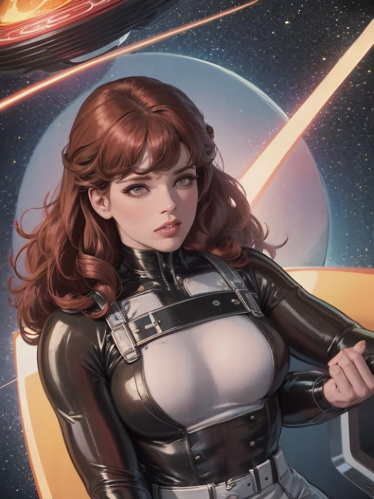 Best quality, 8K, woman space retro futurism, beautiful and detailed face, black straight long hair, bangs,big eyelashes,LOOKING TO observer,LIGHT TAN bodystocking, gold belt,sci-fi RETRO SPACESHIP scenario