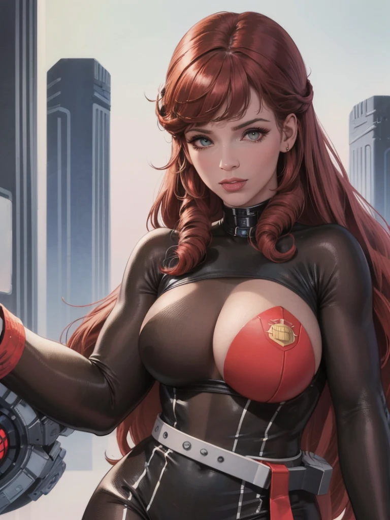 Best quality, 8K, woman space retro futurism, beautiful and detailed face, black straight long hair, bangs,big eyelashes,LOOKING TO observer,LIGHT TAN bodystocking, gold belt,sci-fi RETRO SPACESHIP scenario