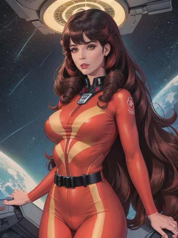 Best quality, 8K, woman space retro futurism, beautiful and detailed face, red curly long hair, bangs,big eyelashes,LOOKING TO observer,TAN bodystocking, black belt,sci-fi RETRO SPACESHIP scenario