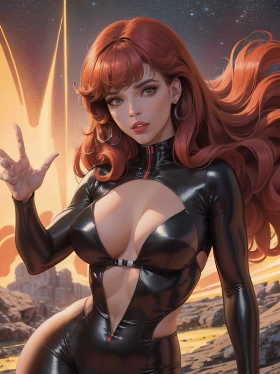 Best quality, 8K, woman space retro futurism, beautiful and detailed face, black straight long hair, bangs,big eyelashes,LOOKING TO observer,LIGHT TAN bodystocking, gold belt,sci-fi RETRO SPACESHIP scenario