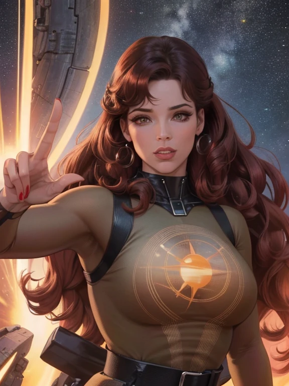 Best quality, 8K, woman space retro futurism, beautiful and detailed face, red curly long hair, bangs,big eyelashes,LOOKING TO observer,TAN bodystocking, black belt,sci-fi RETRO SPACESHIP scenario