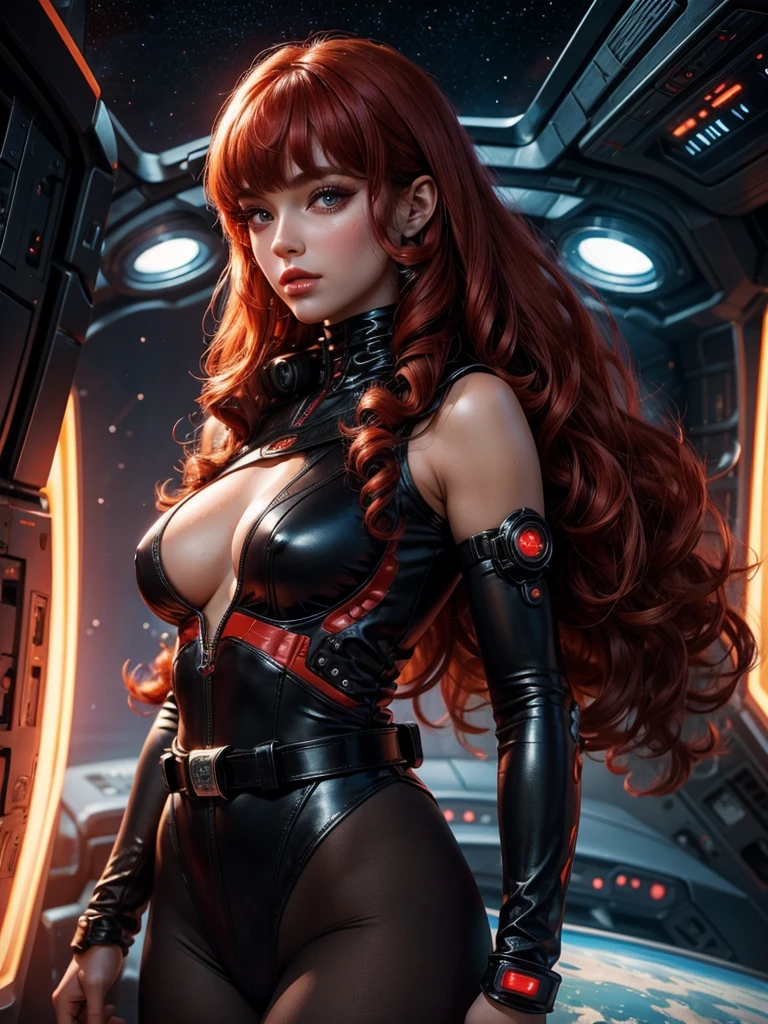 Best quality, 8K, woman space retro futurism, beautiful and detailed face, red curly long hair, bangs,big eyelashes,LOOKING TO observer,TAN bodystocking, black belt,sci-fi RETRO SPACESHIP scenario