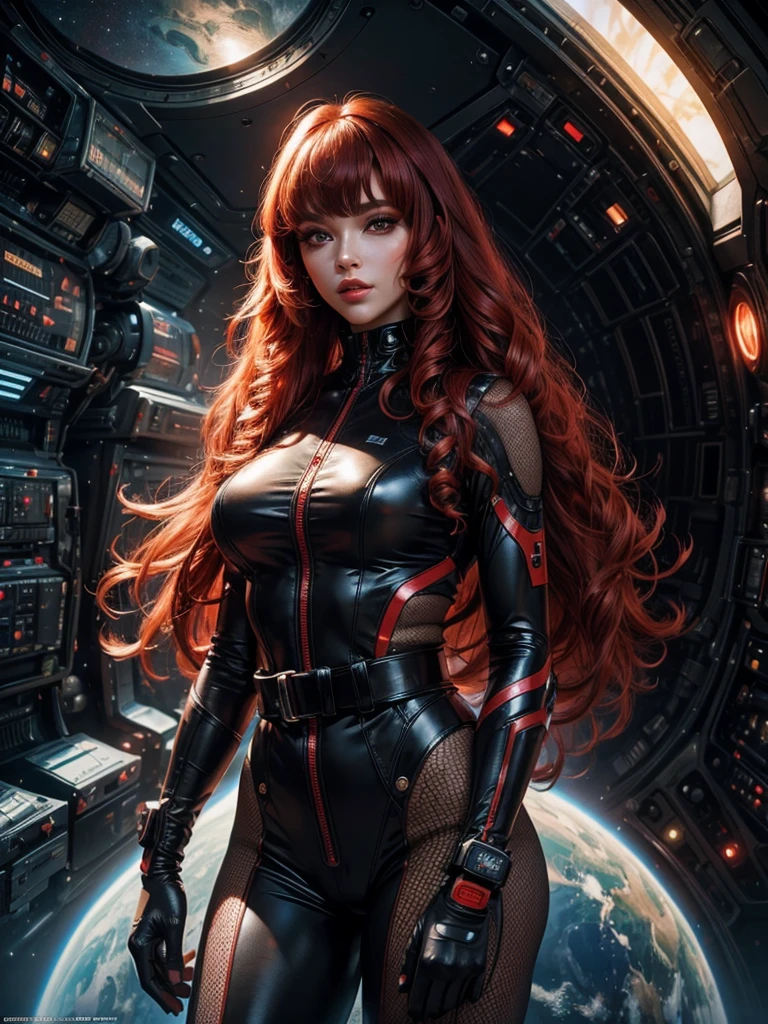 Best quality, 8K, woman space retro futurism, beautiful and detailed face, red curly long hair, bangs,big eyelashes,LOOKING TO observer,TAN bodystocking, black belt,sci-fi RETRO SPACESHIP scenario