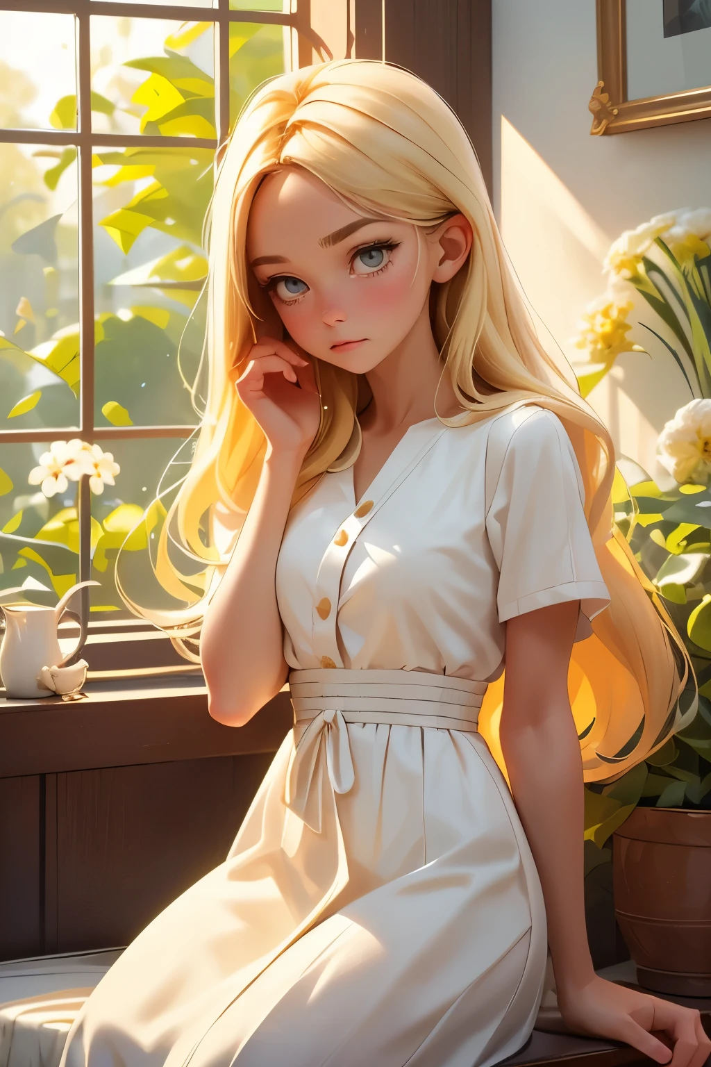 best quality,very detailed,realistic:1.37,Girl looking out the window with her head in her hands,Wearing a white linen dress,long blonde hair falling over her eyes,in a sad scene,I feel lonely,soft,calm color palette,Soft and natural lighting,create a gloomy atmosphere,Vivid colors that add emotion,delicate brushwork,presenting the girl in a realistic and emotive way,she is sitting next to the window sill,Her surroundings are simple yet elegant.,There is a vase on the window sill,Add beauty to the scene,The window overlooks a peaceful garden.,With blooming flowers and lush greenery,Every element of the picture contributes to the overall narrative and emotion of the scene...