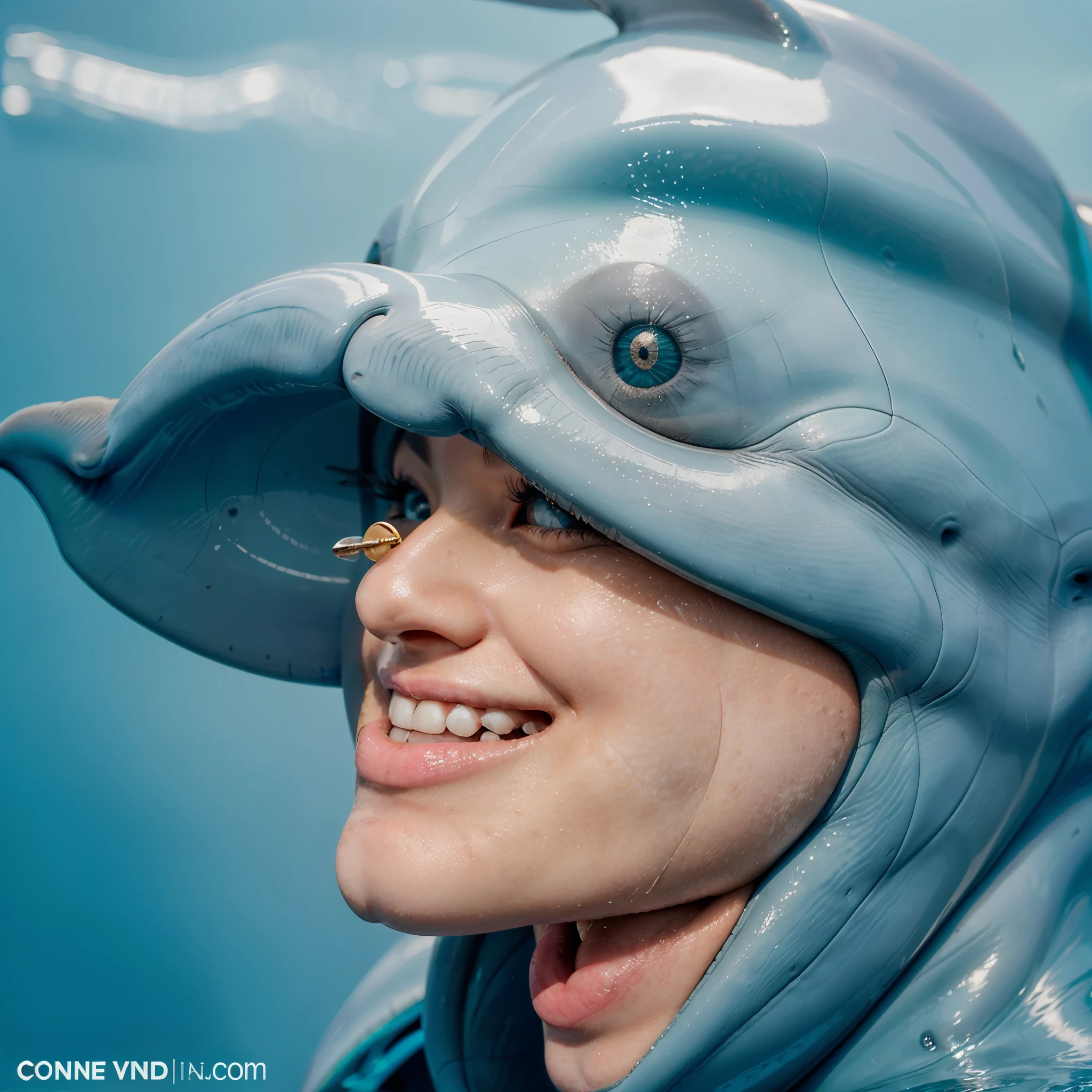 Dolphin, animal, marine mammal, closeup of face, headshot , smiling, happy, big smile, side view , profile view, (((winking, wink, dolphin is winking)))