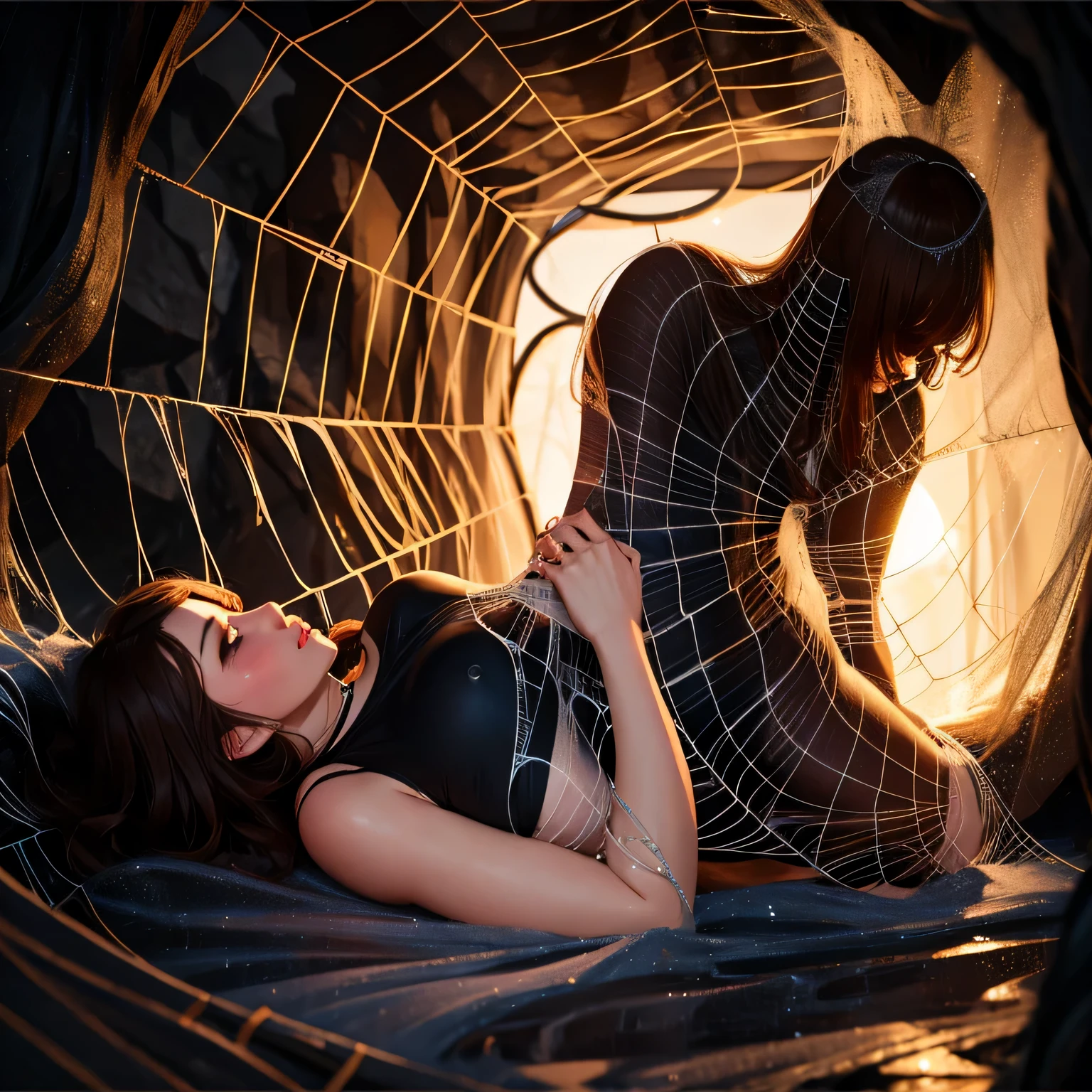 1girl,Spider weaves a net on a girl, very realistic, very detailed,bed,stretched, dark cave, struggle in the net,brown haired, very long sheer skirt,lying down,