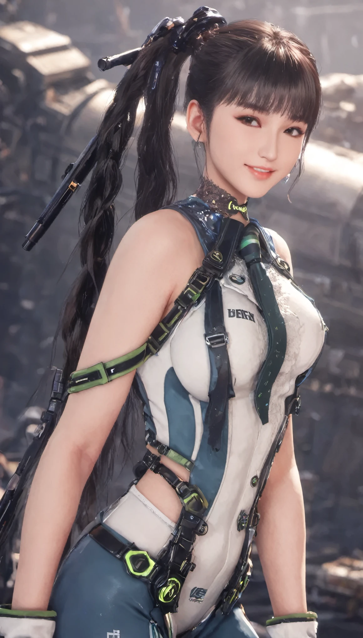 Eve, Stellar Blade, big breast, thicc thighs, 1girl,solo,heavy makeup,cute,earrings,ring braid,(lewd smile:1.1),holding submachine gun,ponytail,idol,hooker,military uniform,(battleground:1.1),