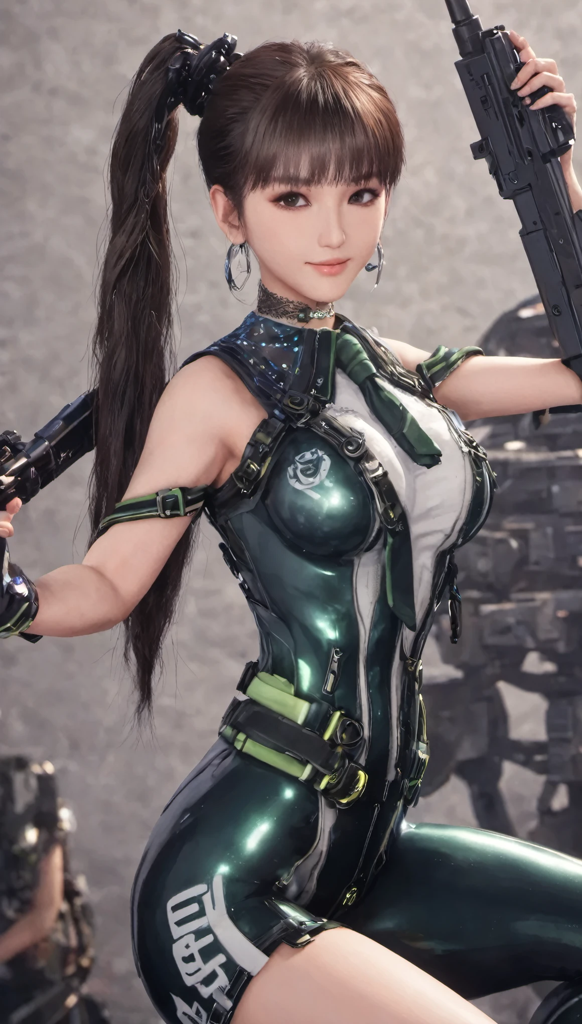 Eve, Stellar Blade, big breast, thicc thighs, 1girl,solo,heavy makeup,cute,earrings,ring braid,(lewd smile:1.1),holding submachine gun,ponytail,idol,hooker,military uniform,(battleground:1.1),