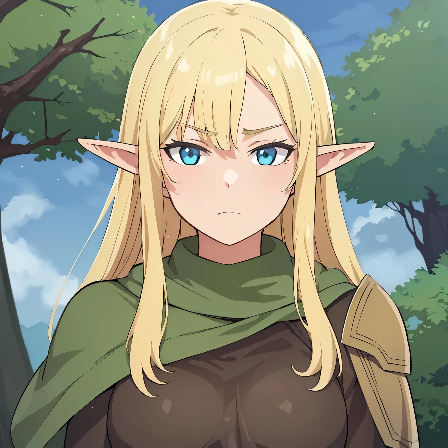 high quality, masterpiece. Elf girl. leather brown armor. green hunting cloak. Blue eyes. blonde hair. gloomy face. against the background of sky and forest.
