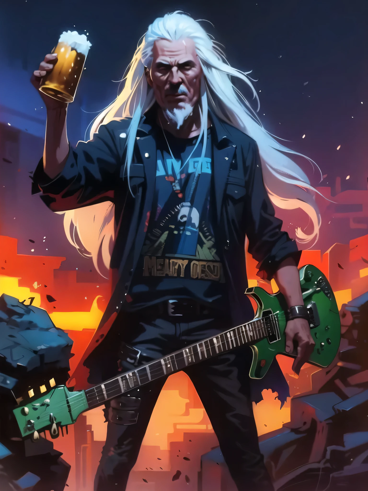 image of a man with a guitar and beer, Heavy metal art style, Heavy metal artwork, in style of Heavy metal comic, Heavy metal comic cover art, Painted portrait of the stern Odin, 1 9 8 0's Heavy metal album art, swing, Dave Arredondo, Heavy metal!, Cool composition, background image, cyberpunk, Old man