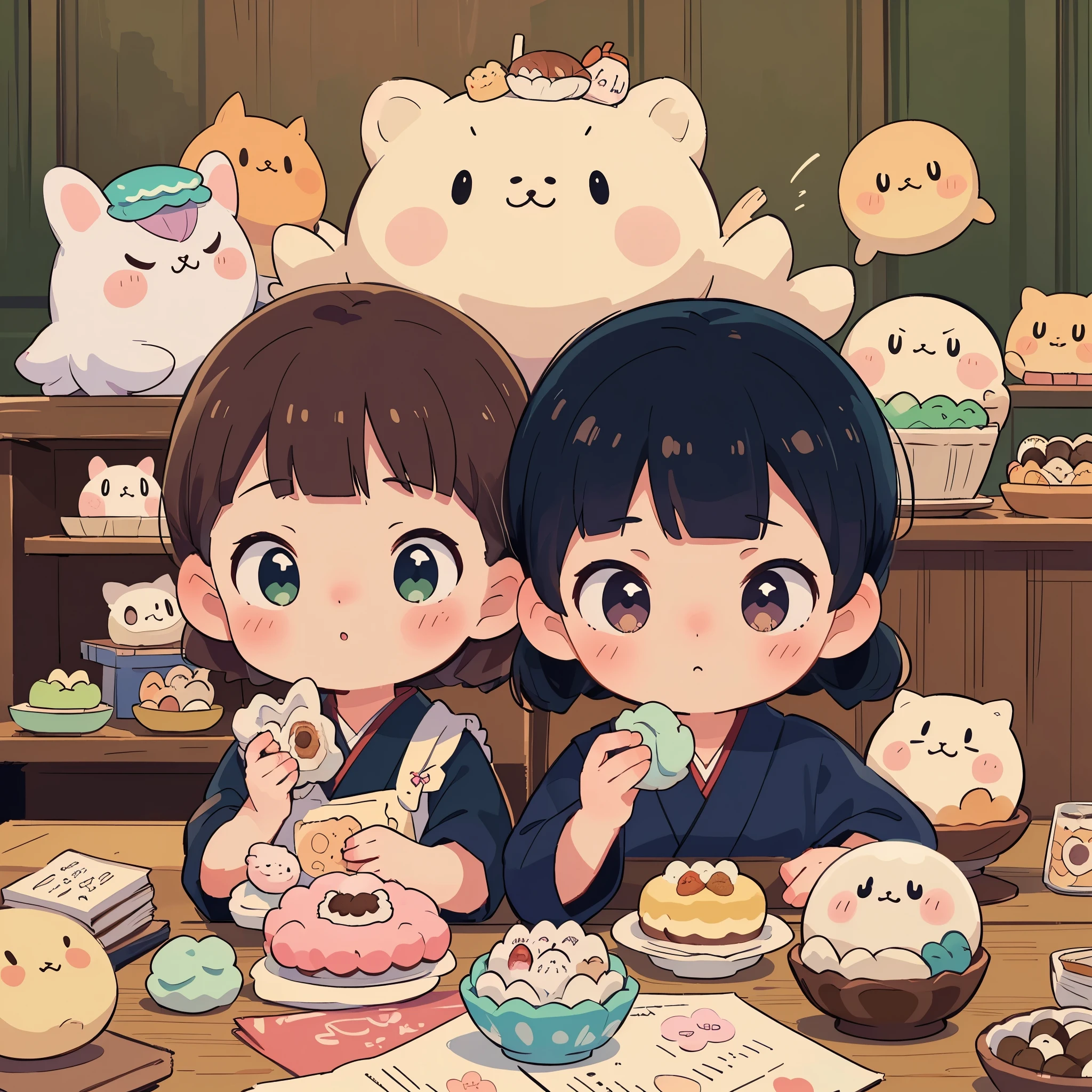 Anime characters sitting at a table eating food with a cat behind them ...