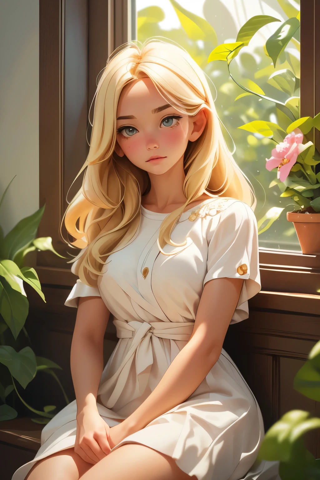 best quality,very detailed,realistic:1.37,Girl looking out the window with her head in her hands,Wearing a white linen dress,long blonde hair falling over her eyes,in a sad scene,I feel lonely,soft,calm color palette,Soft and natural lighting,create a gloomy atmosphere,Vivid colors that add emotion,delicate brushwork,presenting the girl in a realistic and emotive way,she is sitting next to the window sill,Her surroundings are simple yet elegant.,There is a vase on the window sill,Add beauty to the scene,The window overlooks a peaceful garden.,With blooming flowers and lush greenery,Every element of the picture contributes to the overall narrative and emotion of the scene...