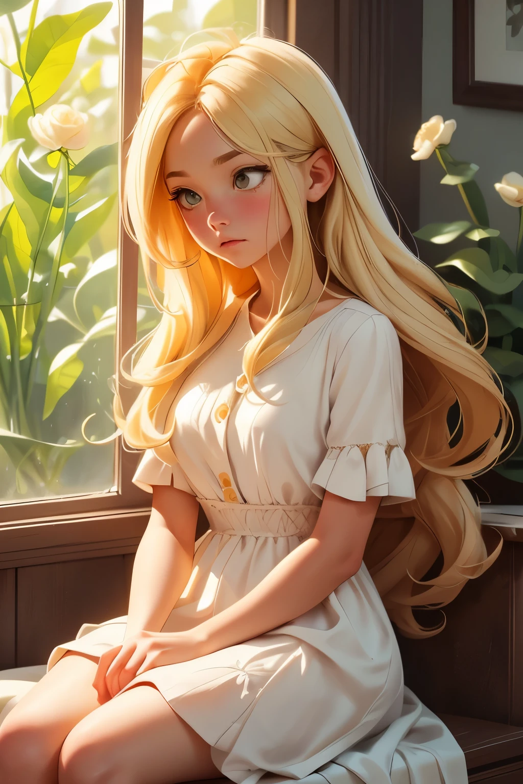 best quality,very detailed,realistic:1.37,Girl looking out the window with her head in her hands,Wearing a white linen dress,long blonde hair falling over her eyes,in a sad scene,I feel lonely,soft,calm color palette,Soft and natural lighting,create a gloomy atmosphere,Vivid colors that add emotion,delicate brushwork,presenting the girl in a realistic and emotive way,she is sitting next to the window sill,Her surroundings are simple yet elegant.,There is a vase on the window sill,Add beauty to the scene,The window overlooks a peaceful garden.,With blooming flowers and lush greenery,Every element of the picture contributes to the overall narrative and emotion of the scene...