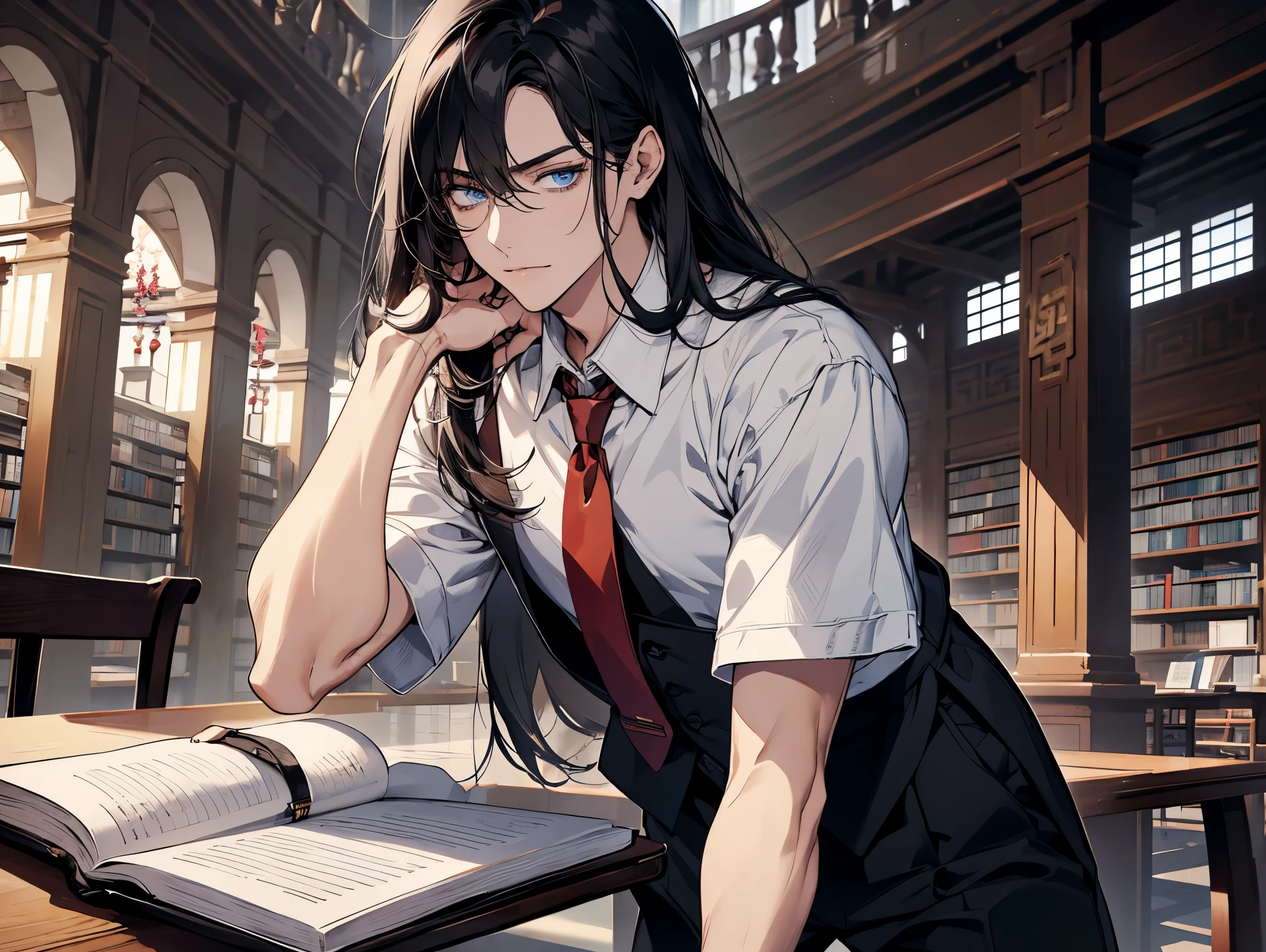 1 male, teacher, wearing white shirt, rolled up sleeves, black long pants, black hair, long hair, face to detail, detailed eyes, light blue eyes, Shy, red tie, the background is the library in china, Writing in a notebook.