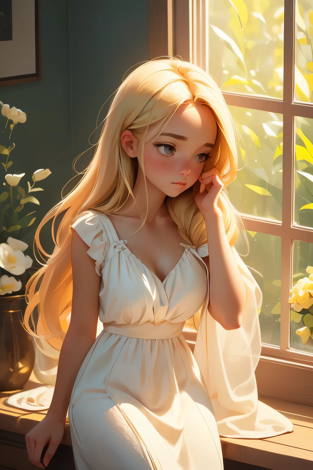 best quality,very detailed,realistic:1.37,Girl looking out the window with her head in her hands,Wearing a white linen dress,long blonde hair falling over her eyes,in a sad scene,I feel lonely,soft,calm color palette,Soft and natural lighting,create a gloomy atmosphere,Vivid colors that add emotion,delicate brushwork,presenting the girl in a realistic and emotive way,she is sitting next to the window sill,Her surroundings are simple yet elegant.,There is a vase on the window sill,Add beauty to the scene,The window overlooks a peaceful garden.,With blooming flowers and lush greenery,Every element of the picture contributes to the overall narrative and emotion of the scene...