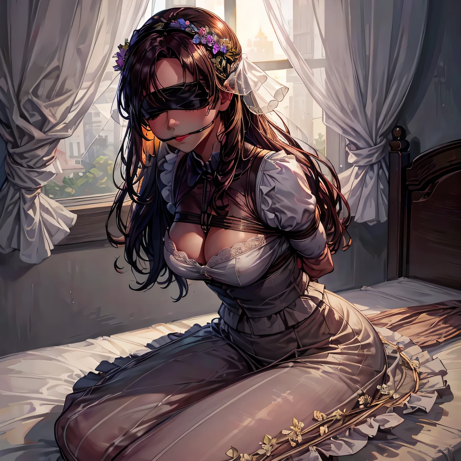 1girl,(bright lighting,romantic setting),dreamy background,,dark hair, mesmerizing gaze, , soft skin, alluring beauty, artistic portrait, high-quality image, vibrant colors,long floral sheer skirt, mosquito net, romantic bedroom, sidesuspension,solobound,blindfold,gag