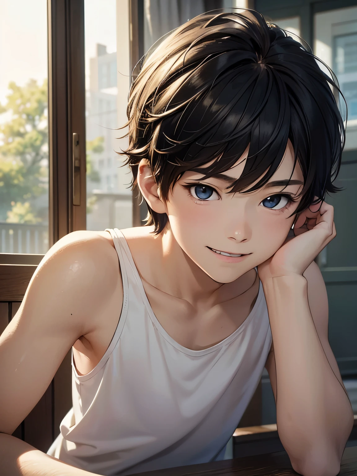 highres,Masterpiece, Best quality at best,Best Quality,hight quality, hight detailed, realistic, photorealistic, Anime style, 1boy, Little Boy,Realistic, detailed drawing, 15-Year-Old-Boy, smiling, Sunny day, Tank top, korean boy, Bare shoulder, Close-up shoulder, Seen from the side, Upper body. Time passes too fast. Masterpiece.