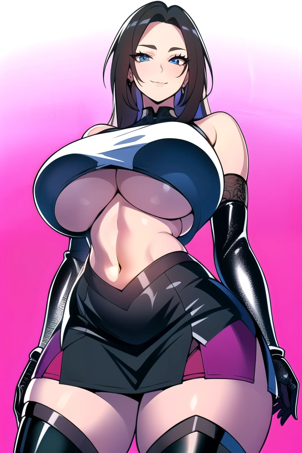 ultra realistic 8k cg, masterpiece, ((ultra detailed background, intricate detail, highly detailed, fine details best quality, hyperdetailed face)), gigantic breasts ,beautiful lighting, absurdres, BoaHancockV2, 1girl, solo, black hair, long hair, jewelry, closed mouth, ), ((black crop top : 1.1), (underboob : 1.4), elbow gloves, thigh boots, split skirt, bare shoulders, curvy, midriff, curvy, thighs, shiny clothes), blue eyes, complex detailed background, inside, luxury palace), ((cowboy shot)), curvy, (gigantic breasts: 1.1), seductive smile, cowboy shot,