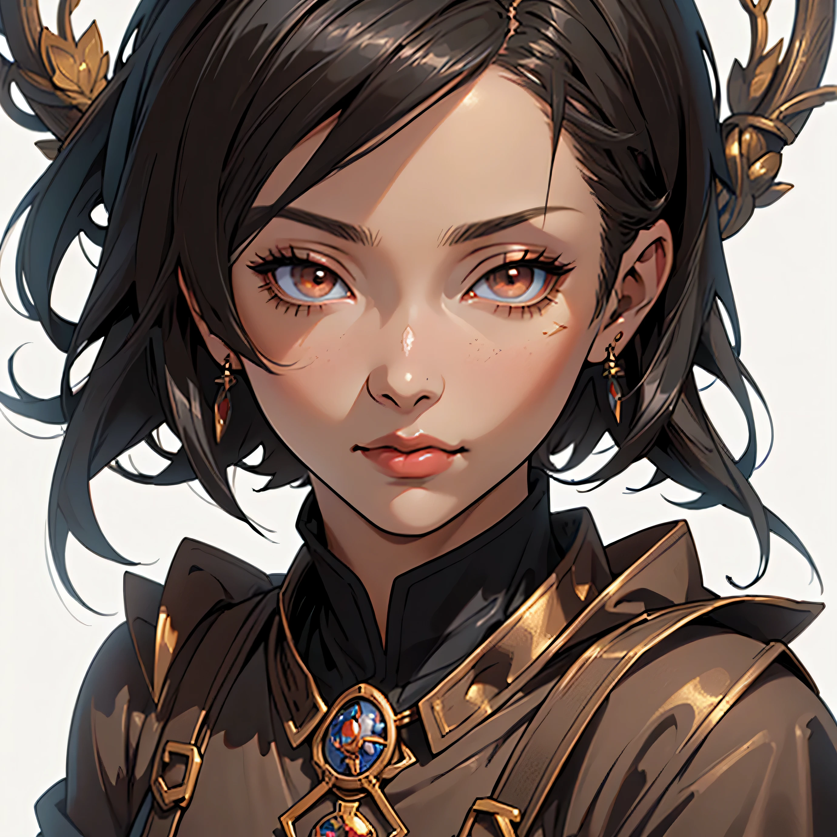 (((anime medieval art))), (((masterpiece))), female, solo, (((close-up face portrait))), detailed composition, (((detailed eyes))), (((white background))), Asian, lipstick, earrings, (((short black hair))), (((brown eyes))), (((wearing bronze witch clothes))), lipstick