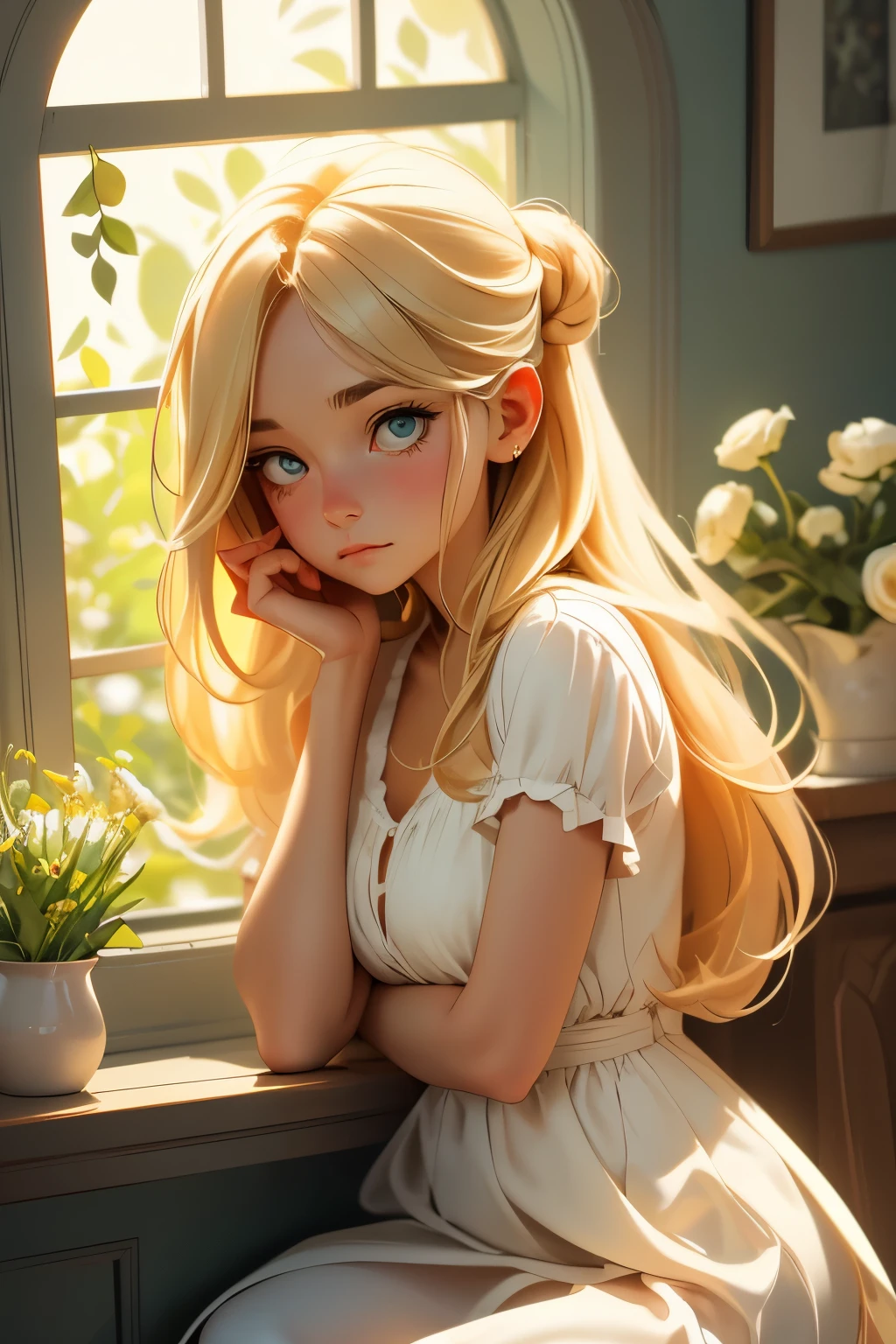 best quality,very detailed,realistic:1.37,Girl looking out the window with her head in her hands,Wearing a white linen dress,long blonde hair falling over her eyes,in a sad scene,I feel lonely,soft,calm color palette,Soft and natural lighting,create a gloomy atmosphere,Vivid colors that add emotion,delicate brushwork,presenting the girl in a realistic and emotive way,she is sitting next to the window sill,Her surroundings are simple yet elegant.,There is a vase on the window sill,Add beauty to the scene,The window overlooks a peaceful garden.,With blooming flowers and lush greenery,Every element of the picture contributes to the overall narrative and emotion of the scene...