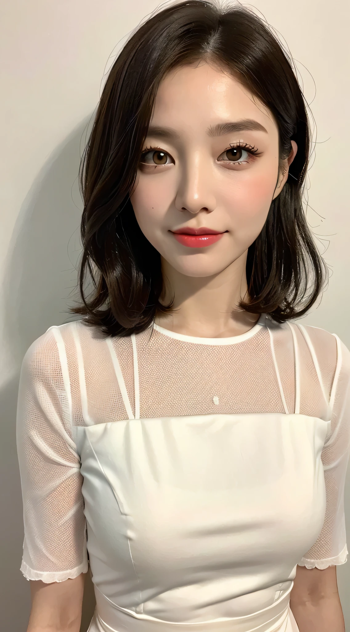 ((Natural night lighting、8K、best quality、masterpiece:1.3))、(real、sharp focus:1.2)、Very delicate and very cute woman:1.4、((1 girl))、(indoor、white background)、perfect style、Super detailed、High resolution、(Lace dress with black sleeves:1.1)、(dark brown hair、medium short、layer cut hair:1.2)、valley、 (huge 、whole body:1.3)、Highly detailed face and skin texture、highly detailed lip texture、red lips、detailed and beautiful eyes、smile、glossy lips、eye make up、Angle from the front、angle from head to knees、Are standing、Extra-fine face、Ultra Fine Lip、extra fine eyes、double eyelid、Super detailed