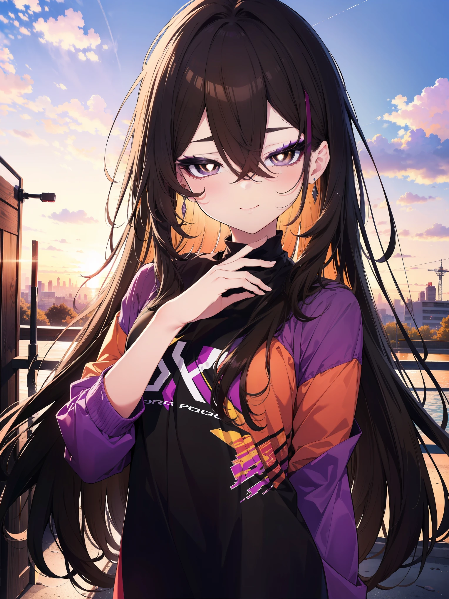 (masterpiece), (best quality, ultra-high resolution, depth of field:1.2), (perfect anatomy), (young), 1woman, (brown eyes), bright pupils, black hair, long hair, (hair between eyes), bangs, (purple under-eye makeup), baggy clothes, dynamic posing, park scenery, sunset, smiling