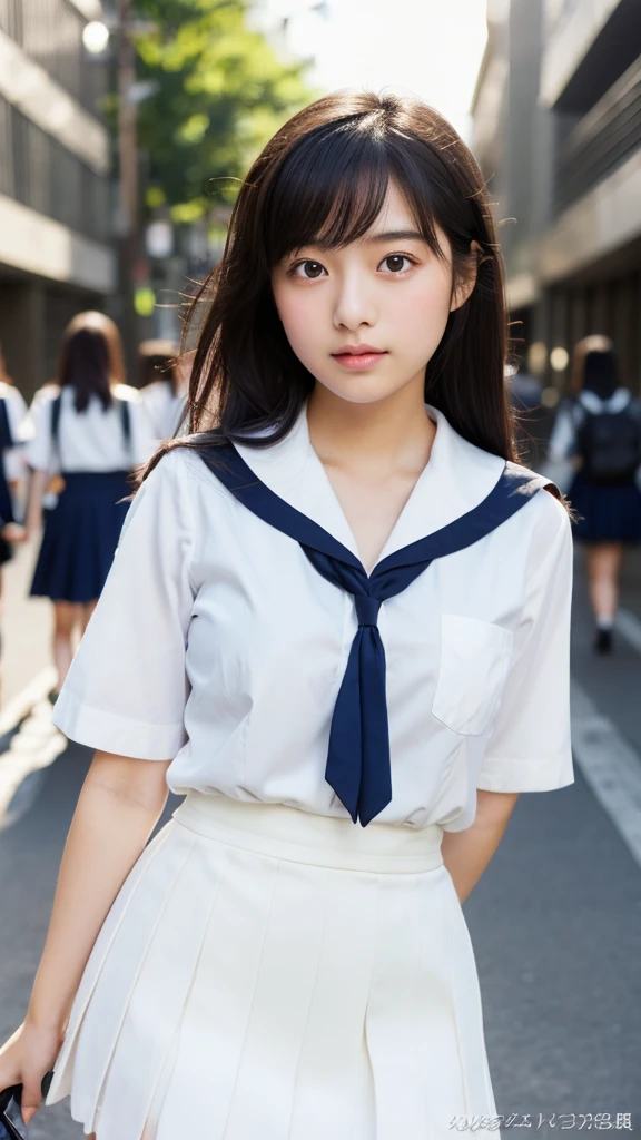 Beautiful Japanese high school student, masterpiece, light makeup, black hair, messy hair, street background, beautiful, elegant.  Super fine details, works, authentic texture, realistic movie lighting, perfect works, 8K, HD, exquisite facial features, uniform, white shirt, navy blue miniskirt, plump figure, big bright eyes, large size chest