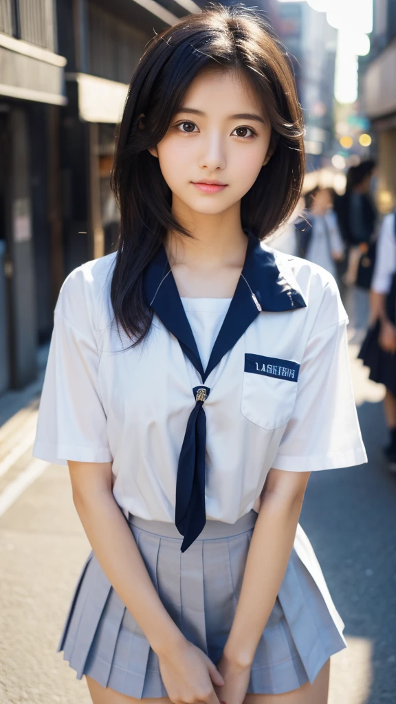 Beautiful Japanese high school student, masterpiece, light makeup, black hair, messy hair, street background, beautiful, elegant.  Super fine details, works, authentic texture, realistic movie lighting, perfect works, 8K, HD, exquisite facial features, uniform, white shirt, navy blue miniskirt, plump figure, big bright eyes, large size chest