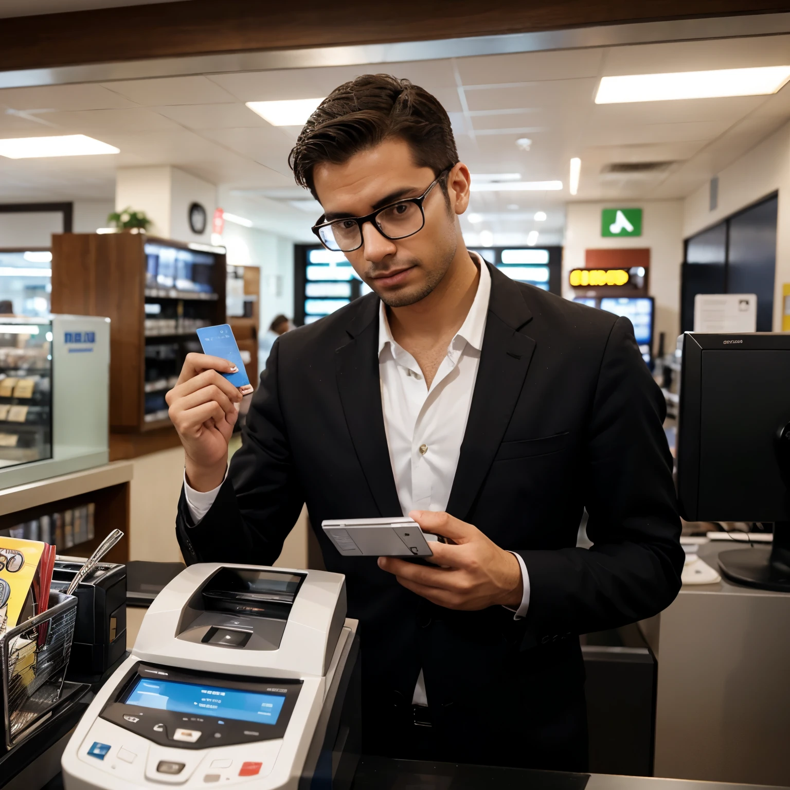 a man with glasses holding a credit card machine, apresentando aos clientes.