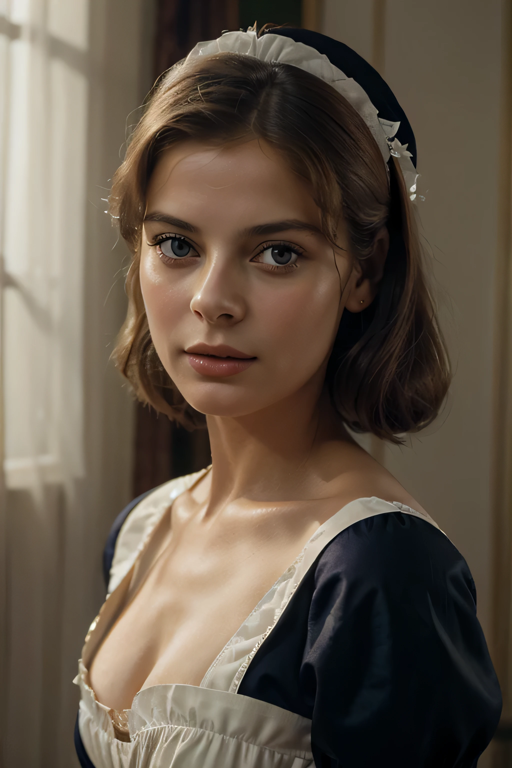 best quality, masterpiece, (photorealistic:1.4), 1girl, combine features of nastassja kinski and grace kelly, in a maid´s uniform