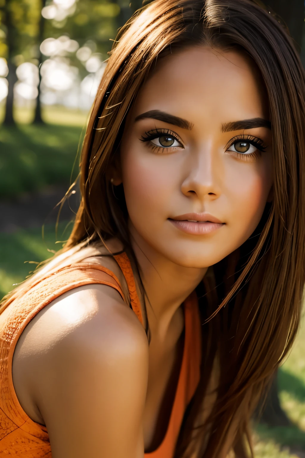 a woman, at the park, sunny day, orange sundress, RAW, UHD, 8K, (closeup:1.1), head, highly detailed face, stunning eyes