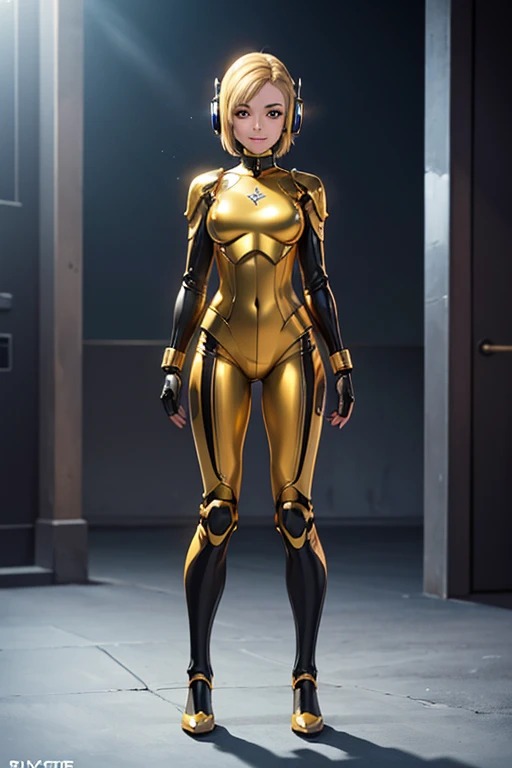 (masterpiece, highest quality, highest resolution, clear_image, Very elaborate CG, cinematic lighting, ray tracing, drop shadow, Detailed details, (realistic: 1.4),whole body, high quality texture, fine-grained, realistic facial expressions): (single girl, golden hair girl, short hair, small size breasts, Sparkling black eyes, eye level shot, metallic gold flight suit, robot girl、whole bodyカバー服, light smile, beauty, Because I'm slender, exoskeleton,Hand and foot separation、 heroine, headset, Knee-high boots, gloves)