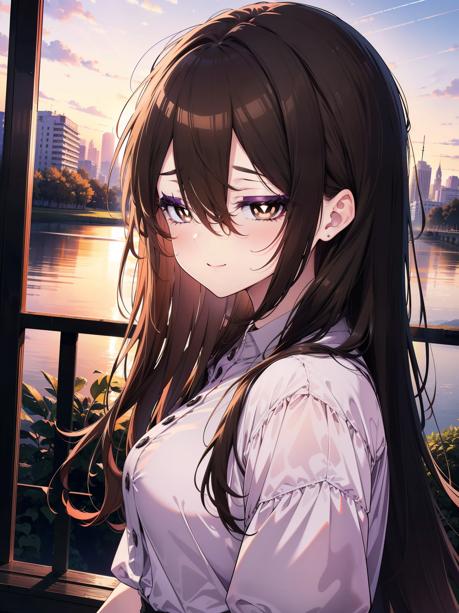 (masterpiece), (best quality, ultra-high resolution, depth of field:1.2), (perfect anatomy), (young), 1woman, (brown eyes), bright pupils, black hair, long hair, (hair between eyes), bangs, (purple under-eye makeup), baggy clothes, side view, park scenery, sunset, smiling