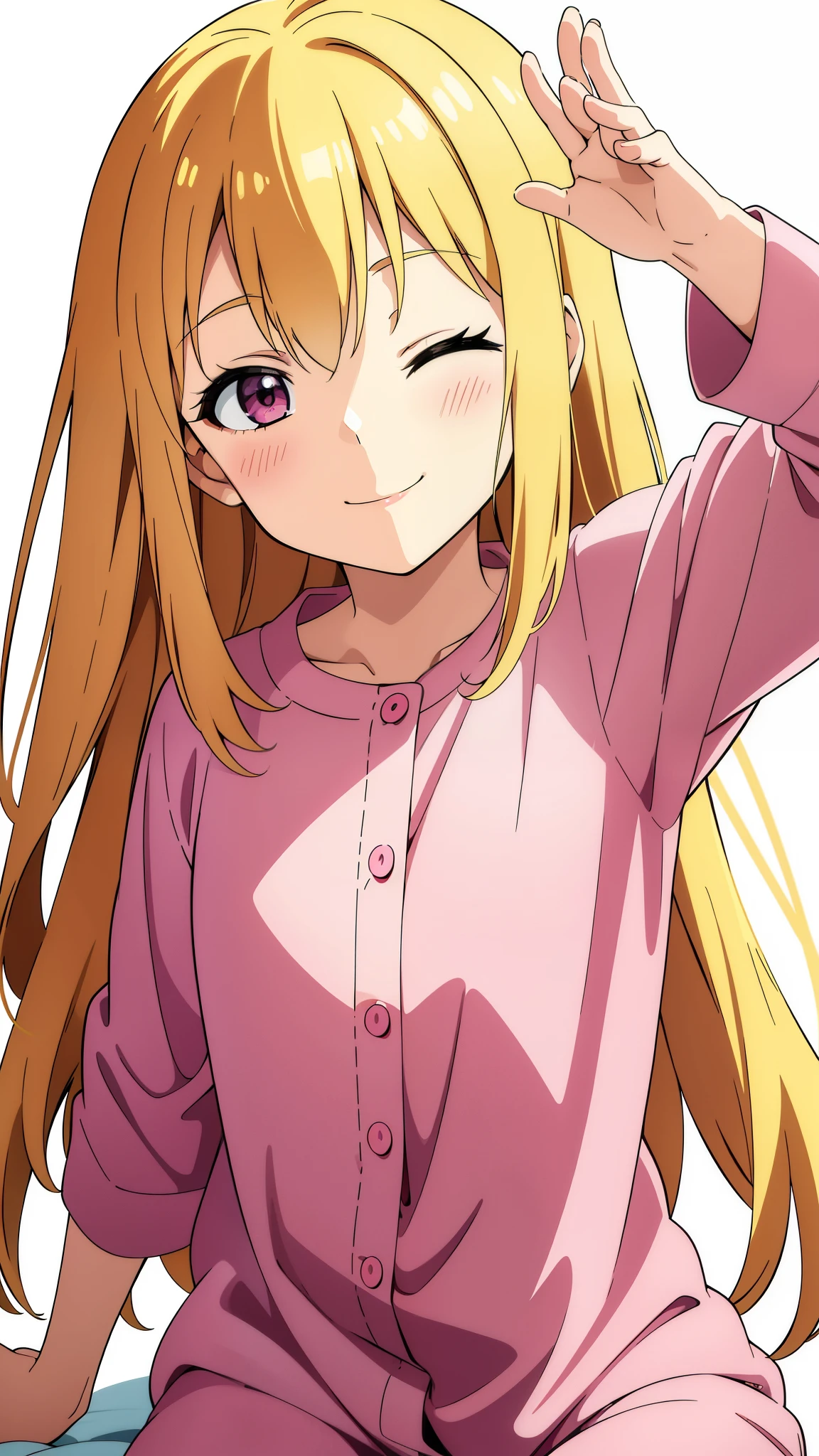 (1girl,8 ,small),blonde hair,long hair,pink pajamas,smile,(white background),one eye closed,smile,outstretched hand