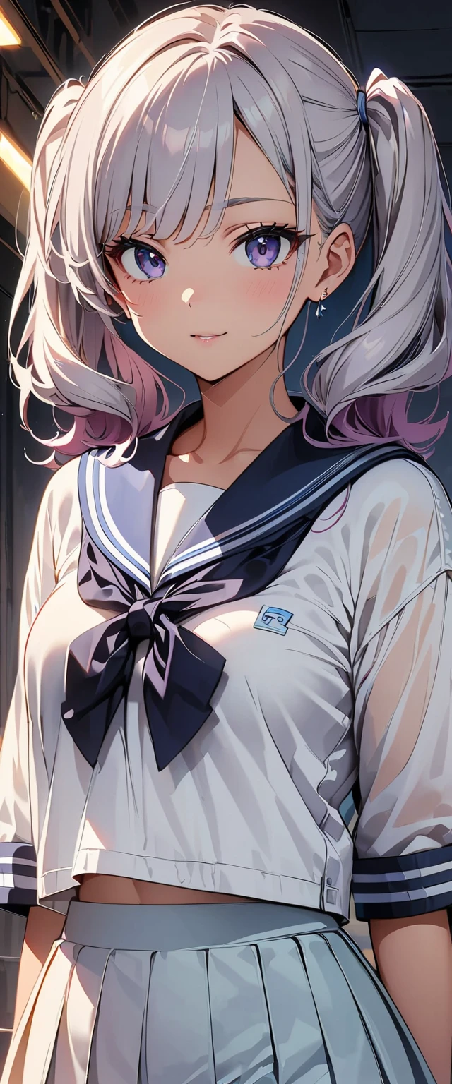 (highest quality, 4k, High resolution, masterpiece:1.2), Super detailed, (anime, anime style:1.37), Beautiful woman, 1 girl, jk:1.1, dark silver hair: 1.1, twin tails, sailor suit, super detailed face, lip details, fine eyes,