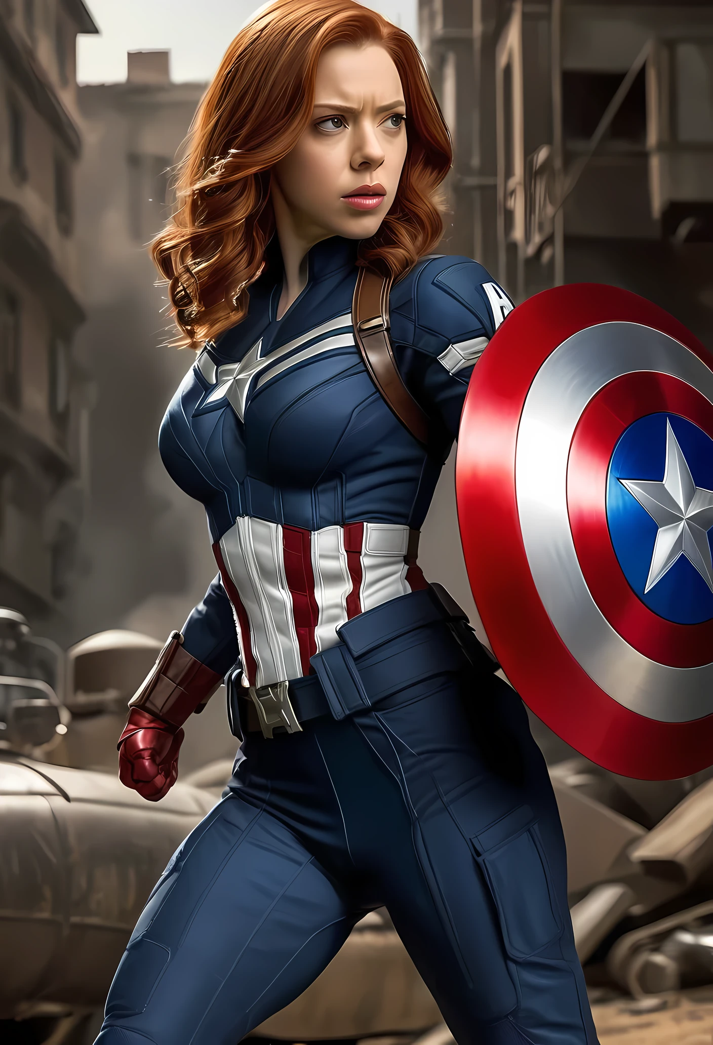 (Foto CRU, Melhor qualidade), (realista, foto fotorrealista: 1.3), Melhor qualidade, altamente detalhado, obra de arte, ultra detalhado, illustration, Maravilha cinematic universe, Maravilha, captain America + Black Widow's unique combination, Scarlett Johansson, Beautiful Natasha Romanova in blue and white Captain America costume without Captain America helmet, tronco, detalhes altos no vestido, Melhor qualidade, Papel de parede CG unificado 8k extremamente detalhado, Tinta, Incredible, tough look, retrato, fechar-se (textura da pele), intrinsecamente detalhado, detalhes finos, hiperdetalhado.